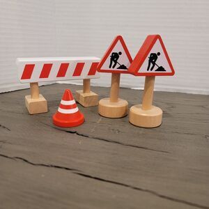 Wooden Train Construction Signs and Traffic Cone, Road Sign 4 pc Toy
